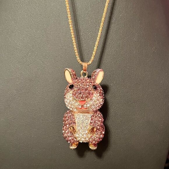 Vintage Betsey Johnson Big Rhinestone Bunny Rose Gold Tone Necklace - Picture 4 of 6